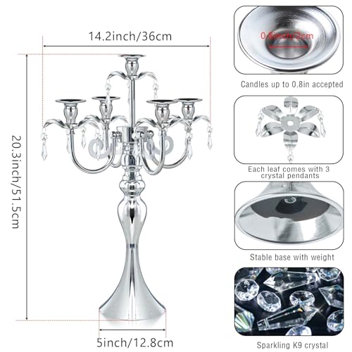 kolnlala 20.3'' Tall 5 Arm Candle Holder Centerpiece for Table, Metal Candelabra Candle Holder, Retro Candlestick Table Centerpieces for Party, Events, Home, Wedding Decor (1Pc, Silver) - Image 3