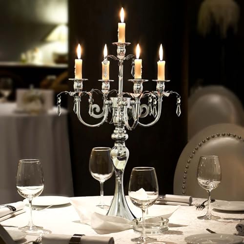 kolnlala 20.3'' Tall 5 Arm Candle Holder Centerpiece for Table, Metal Candelabra Candle Holder, Retro Candlestick Table Centerpieces for Party, Events, Home, Wedding Decor (1Pc, Silver) - Image 4