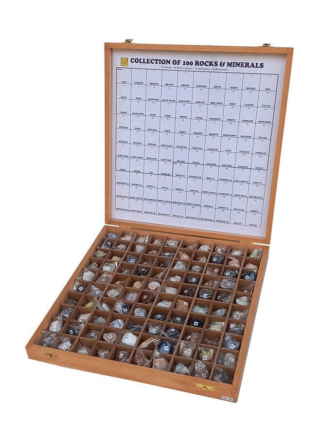 Rocksmins Collection of 100 Rocks & Minerals in a Export Quality Steam Beach Wood Wooden Box RM100WB Big Specimens of 36 Rocks and 64 Minerals in one kit for Education of Geology Earth Science Kit - Image 2