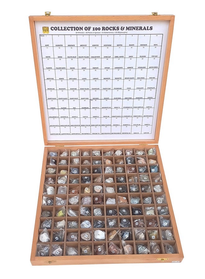 Rocksmins Collection of 100 Rocks & Minerals in a Export Quality Steam Beach Wood Wooden Box RM100WB Big Specimens of 36 Rocks and 64 Minerals in one kit for Education of Geology Earth Science Kit - Image 1