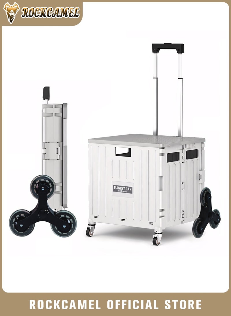 ROCKCAMEL عربة تسوق قابلة للطي بسعة 65 لترًا مزودة بـ 8 عجلات لتسلق السلالم - عربة بقالة قابلة للطي مع مقبض تلسكوبي وسطح مكتب مدمج وحامل أكواب للأنشطة الخارجية/النزهات/السفر (أبيض) - Image 1