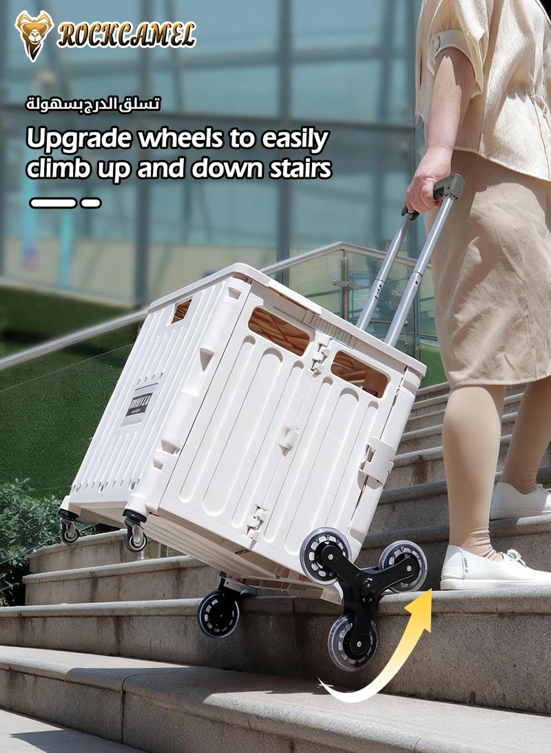 ROCKCAMEL عربة تسوق قابلة للطي بسعة 65 لترًا مزودة بـ 8 عجلات لتسلق السلالم - عربة بقالة قابلة للطي مع مقبض تلسكوبي وسطح مكتب مدمج وحامل أكواب للأنشطة الخارجية/النزهات/السفر (أبيض) - Image 5