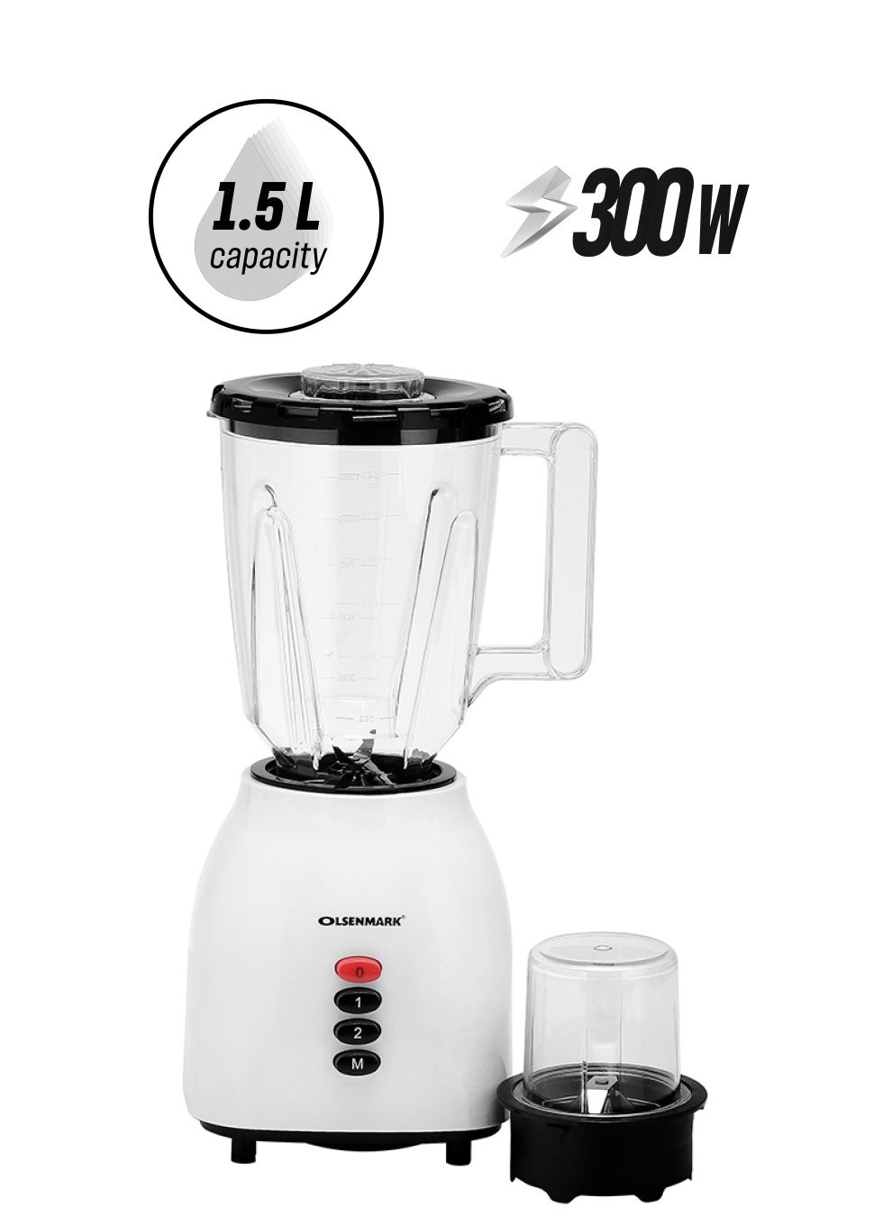 2-In-1 Multifunctional Blender -OLSENMARK OMSB2361, 300W Power, Stainless Steel Blades, 2 Speed Control With Pulse - 1.5L Jar, 1 Grinder Jar With Over Heat Protection And Safety Lock 1.5 L 300 W OMSB2361 White/Black
