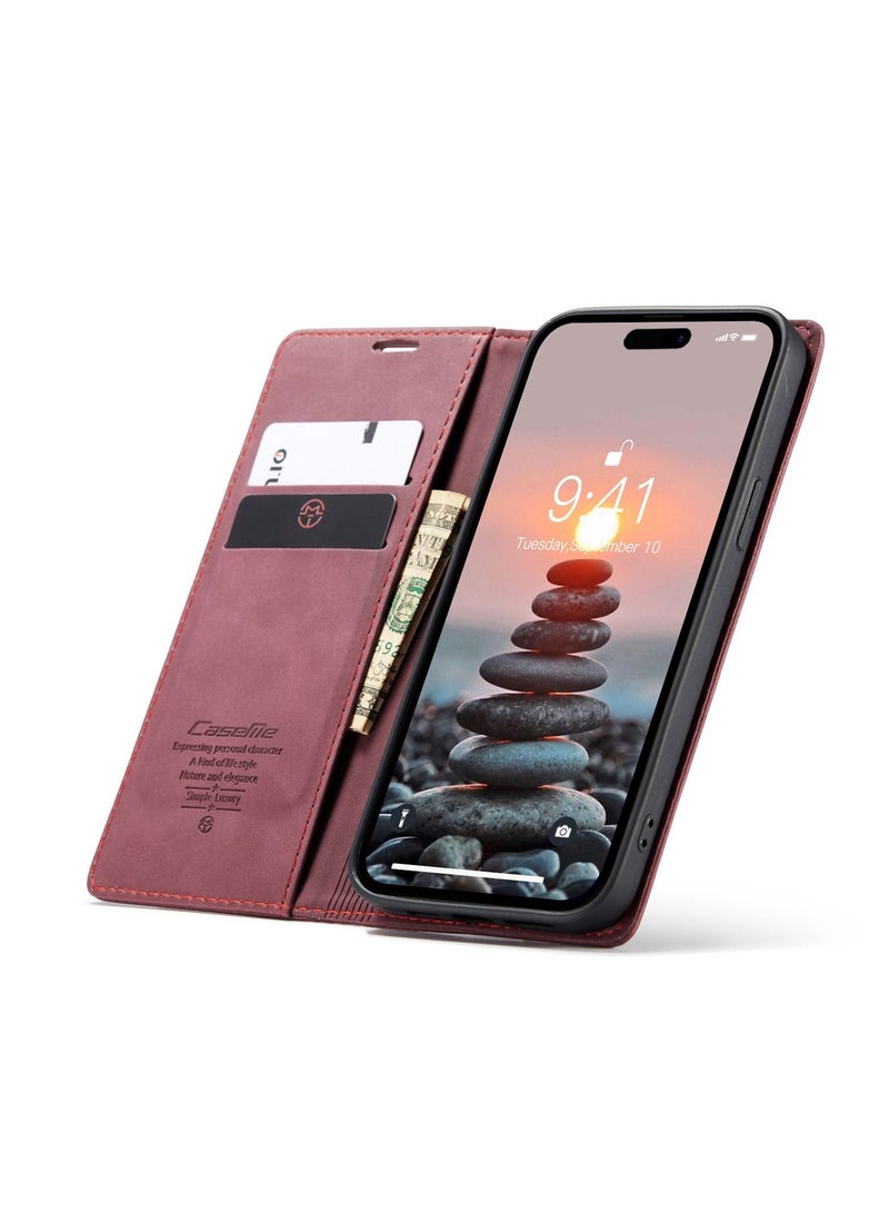 CaseMe iPhone 15 Pro Leather Case Wallet Flip Cover Card Slots Magnetic Closure Stand Phone Holder Function Fold Shockproof Protective Full Protection Anti-drop Anti-scratch Accessory For iphone 15 Pro  - Image 2