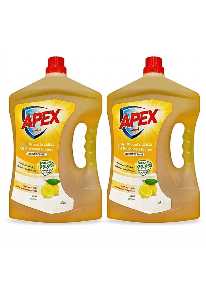 Apex All Purpose Cleaner Liquid, Floor and Multi Surface Cleaner, Disinfectant Hygienic Cleaning Formula, Removes Tough Stains, Long Lasting Fragrance, Lemon, Promo Pack 2 x 3 liter, 6L - Image 1