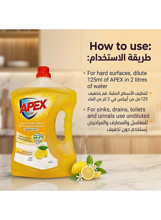 Apex All Purpose Cleaner Liquid, Floor and Multi Surface Cleaner, Disinfectant Hygienic Cleaning Formula, Removes Tough Stains, Long Lasting Fragrance, Lemon, Promo Pack 2 x 3 liter, 6L - Image 3