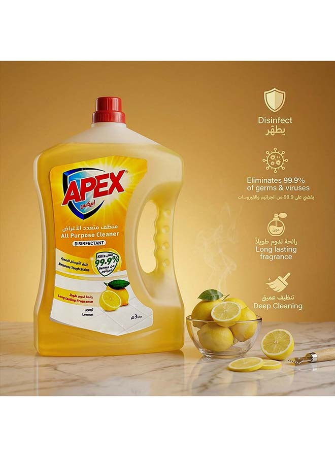 Apex All Purpose Cleaner Liquid, Floor and Multi Surface Cleaner, Disinfectant Hygienic Cleaning Formula, Removes Tough Stains, Long Lasting Fragrance, Lemon, Promo Pack 2 x 3 liter, 6L - Image 2