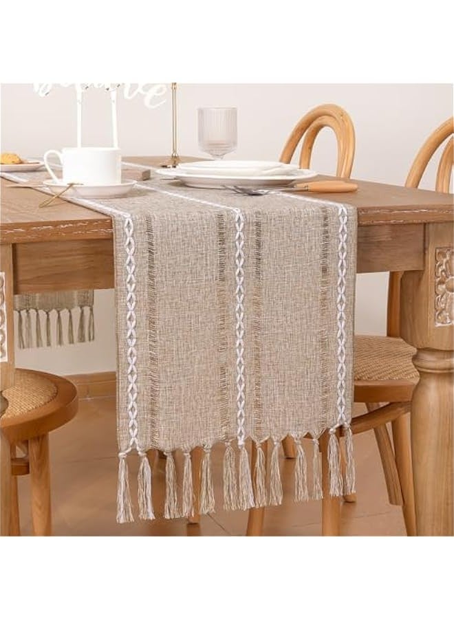 Farmhouse Table Runner 72 inches Macrame Woven Coffee Table Runner Cotton Rustic Fall Thanksgiving Table Runner with Tassels for Boho Home Decor Living Dining Room 13x72 inches Nude - Image 1