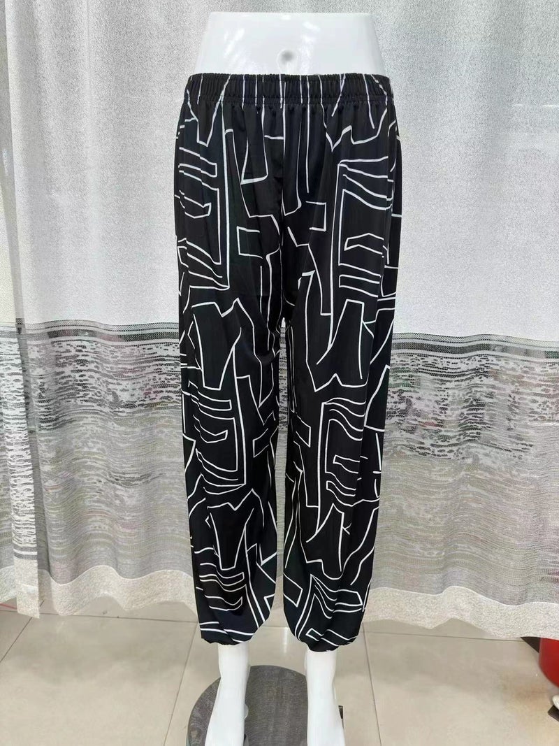 Guofeng Anti-mosquito Pants High Waist Womens Summer Thin Ice Silk Bloomers Stall Cool Pants Harlan Bundled Pants Black Line Stripe 