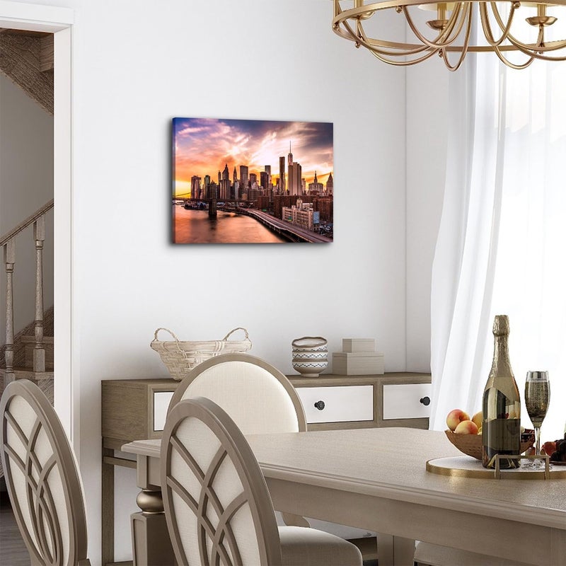 YOOOAHU New York City Wall Art Bedroom Brooklyn Bridge Skyline Wall Decor Modern Cityscape Canvas Prints for Office NYC Downtown Sunset Pictures Skyscraper Panoramic Artwork Living Room Home Decoration 12x16” - Image 2