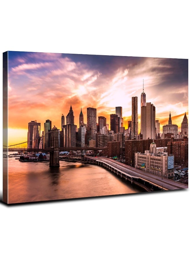 YOOOAHU New York City Wall Art Bedroom Brooklyn Bridge Skyline Wall Decor Modern Cityscape Canvas Prints for Office NYC Downtown Sunset Pictures Skyscraper Panoramic Artwork Living Room Home Decoration 12x16” - Image 1
