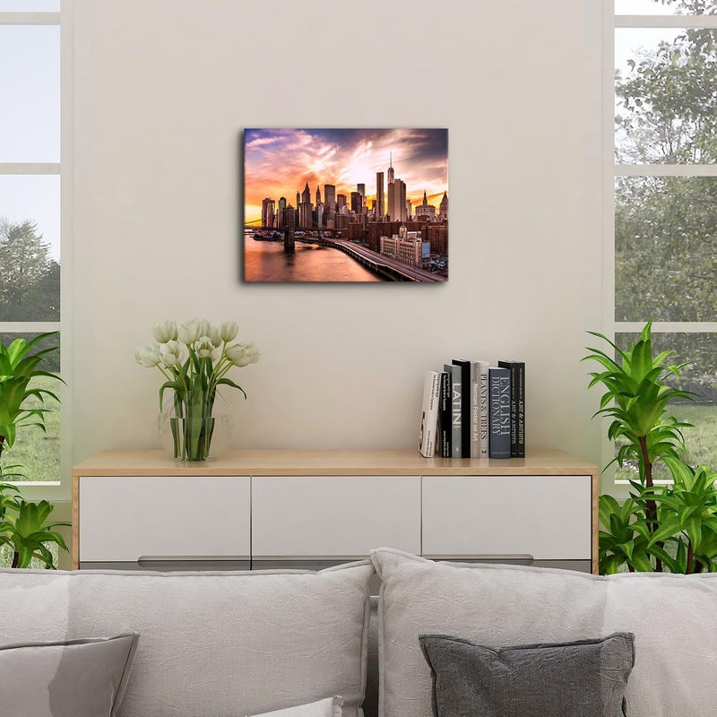 YOOOAHU New York City Wall Art Bedroom Brooklyn Bridge Skyline Wall Decor Modern Cityscape Canvas Prints for Office NYC Downtown Sunset Pictures Skyscraper Panoramic Artwork Living Room Home Decoration 12x16” - Image 3