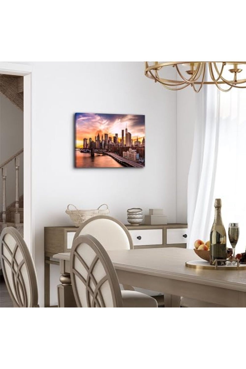 YOOOAHU New York City Wall Art Bedroom Brooklyn Bridge Skyline Wall Decor Modern Cityscape Canvas Prints for Office NYC Downtown Sunset Pictures Skyscraper Panoramic Artwork Living Room Home Decoration 12x16” - Image 2