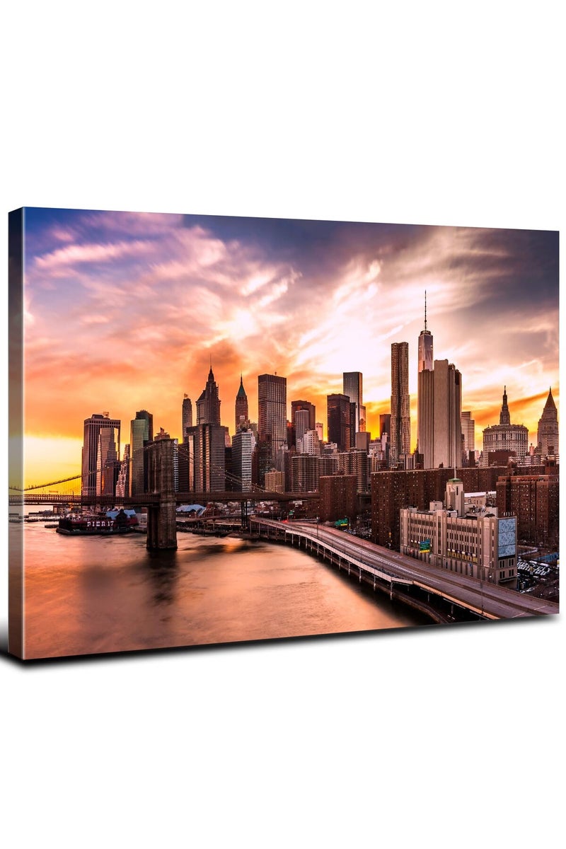 YOOOAHU New York City Wall Art Bedroom Brooklyn Bridge Skyline Wall Decor Modern Cityscape Canvas Prints for Office NYC Downtown Sunset Pictures Skyscraper Panoramic Artwork Living Room Home Decoration 12x16” - Image 1
