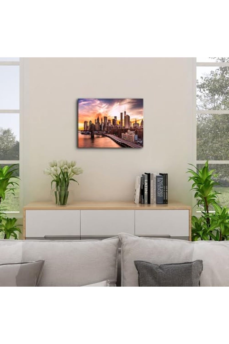 YOOOAHU New York City Wall Art Bedroom Brooklyn Bridge Skyline Wall Decor Modern Cityscape Canvas Prints for Office NYC Downtown Sunset Pictures Skyscraper Panoramic Artwork Living Room Home Decoration 12x16” - Image 3