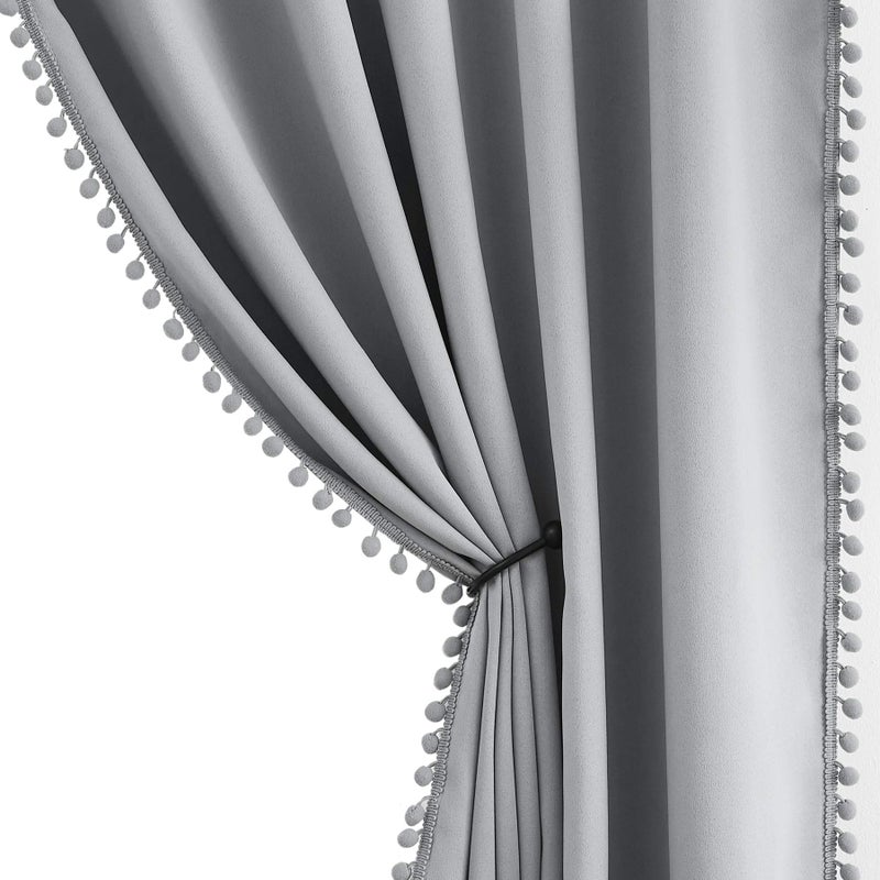Treatmentex Pom Pom Grey Curtains for Bedroom Windows 84 inch Energy Efficient Thermal Insulated Living Room Darkening Curtain Panels Drapes Nursery Room Children 52 w x2 Panels Rod Pocket 