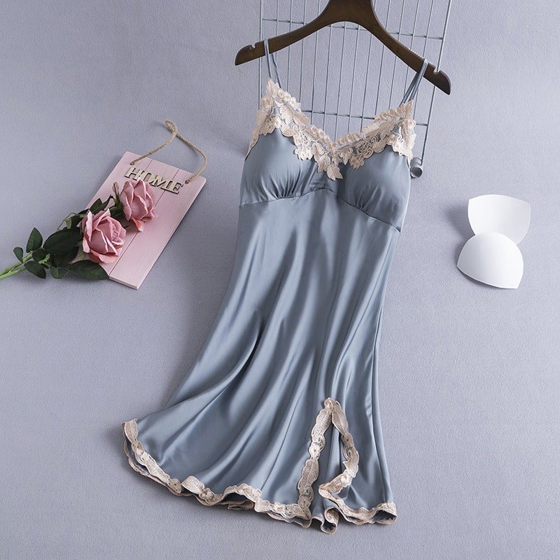 Qi Ta Women's Satin Silk Cami Nightdress with Lace & Built-in Bra - Thin Ice Silk Sleepwear for Spring Summer - Image 1