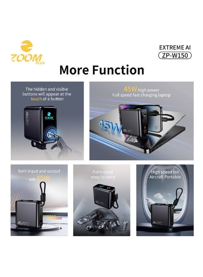 ZOOM PLUS ZP-W150 Extreme AI Power Bank 15000mAh | 45W Super Fast Charging In & Out | Built-in Cable | Smart Touch Display | Compact High-Power Power Bank - Image 3