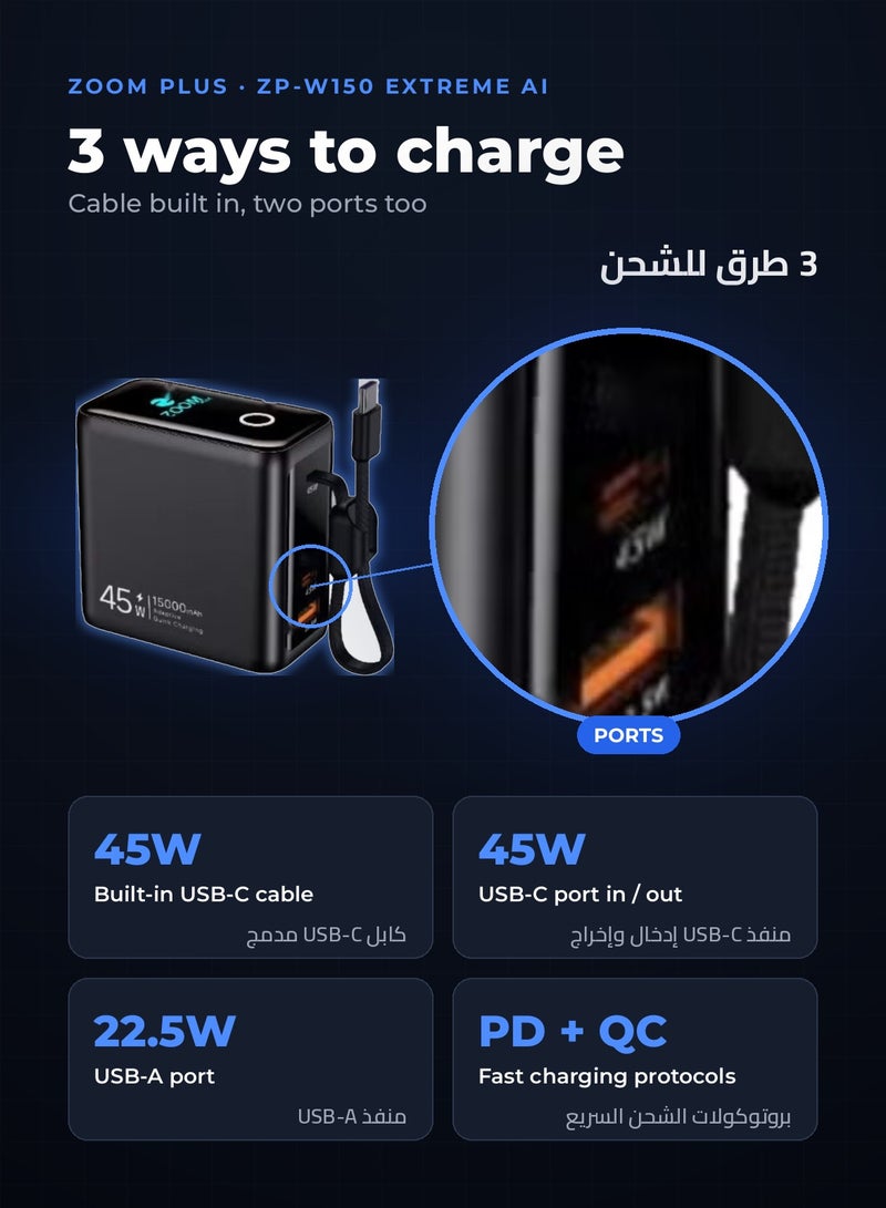 ZOOM PLUS ZP-W150 Extreme AI 15000mAh Power Bank, 45W PD Fast Charging with Built-in USB-C Cable, USB-C In/Out and 22.5W USB-A, Smart Touch Display, for iPhone, Samsung and USB-C Laptops - Image 4