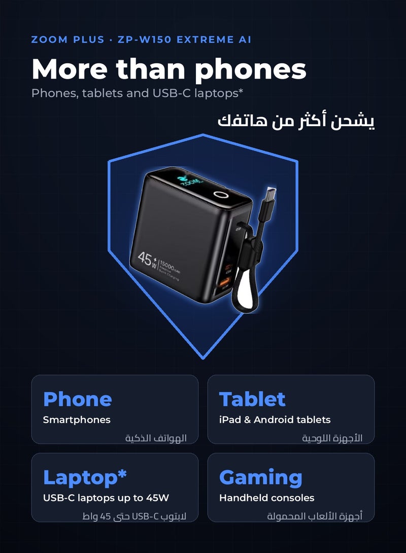 ZOOM PLUS ZP-W150 Extreme AI 15000mAh Power Bank, 45W PD Fast Charging with Built-in USB-C Cable, USB-C In/Out and 22.5W USB-A, Smart Touch Display, for iPhone, Samsung and USB-C Laptops - Image 5