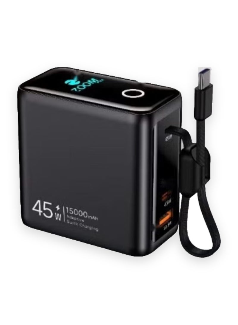 ZOOM PLUS ZP-W150 Extreme AI 15000mAh Power Bank, 45W PD Fast Charging with Built-in USB-C Cable, USB-C In/Out and 22.5W USB-A, Smart Touch Display, for iPhone, Samsung and USB-C Laptops - Image 1