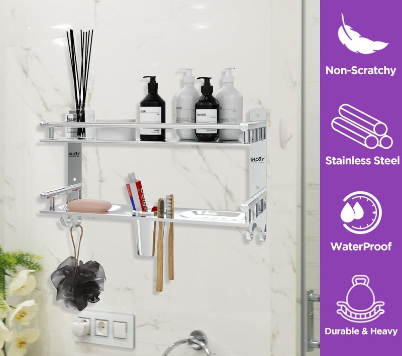 GLOXY 4 in 1 Multipurpose Stainless Steel Bathroom Shelf for Wall | Soap Holder with Toothbrush Holder | Bathroom Accessories and Fittings (12D x 40W x 24H cm, Chrome Finnish) - Image 2