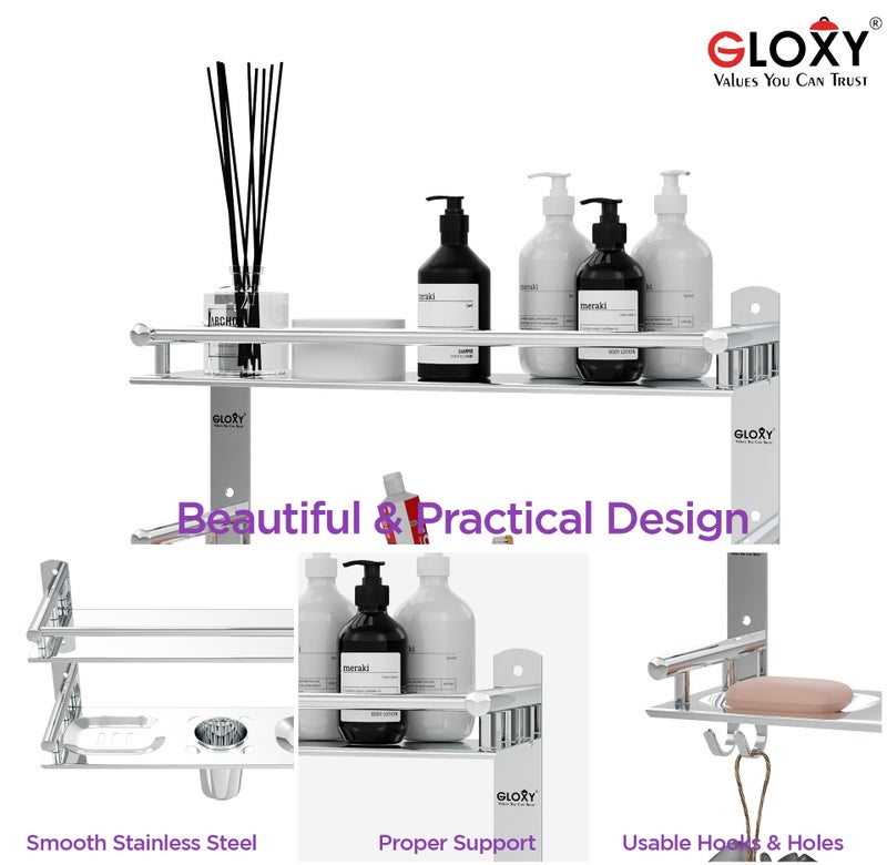 GLOXY 4 in 1 Multipurpose Stainless Steel Bathroom Shelf for Wall | Soap Holder with Toothbrush Holder | Bathroom Accessories and Fittings (12D x 40W x 24H cm, Chrome Finnish) - Image 4