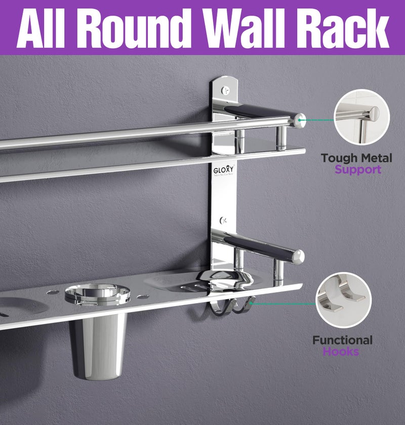 GLOXY 4 in 1 Multipurpose Stainless Steel Bathroom Shelf for Wall | Soap Holder with Toothbrush Holder | Bathroom Accessories and Fittings (12D x 40W x 24H cm, Chrome Finnish) - Image 3