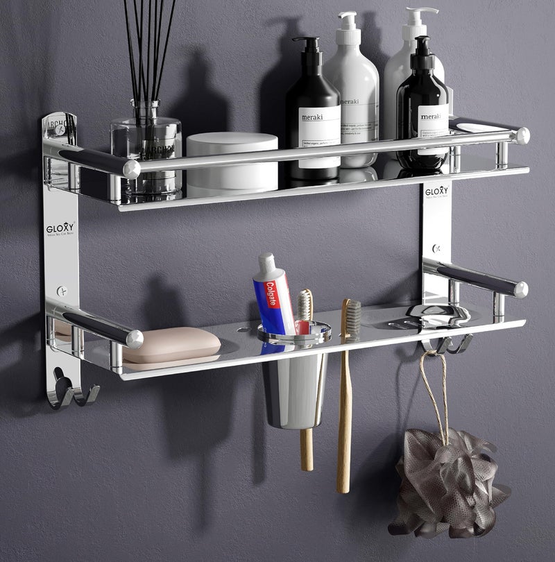 GLOXY 4 in 1 Multipurpose Stainless Steel Bathroom Shelf for Wall | Soap Holder with Toothbrush Holder | Bathroom Accessories and Fittings (12D x 40W x 24H cm, Chrome Finnish) - Image 1