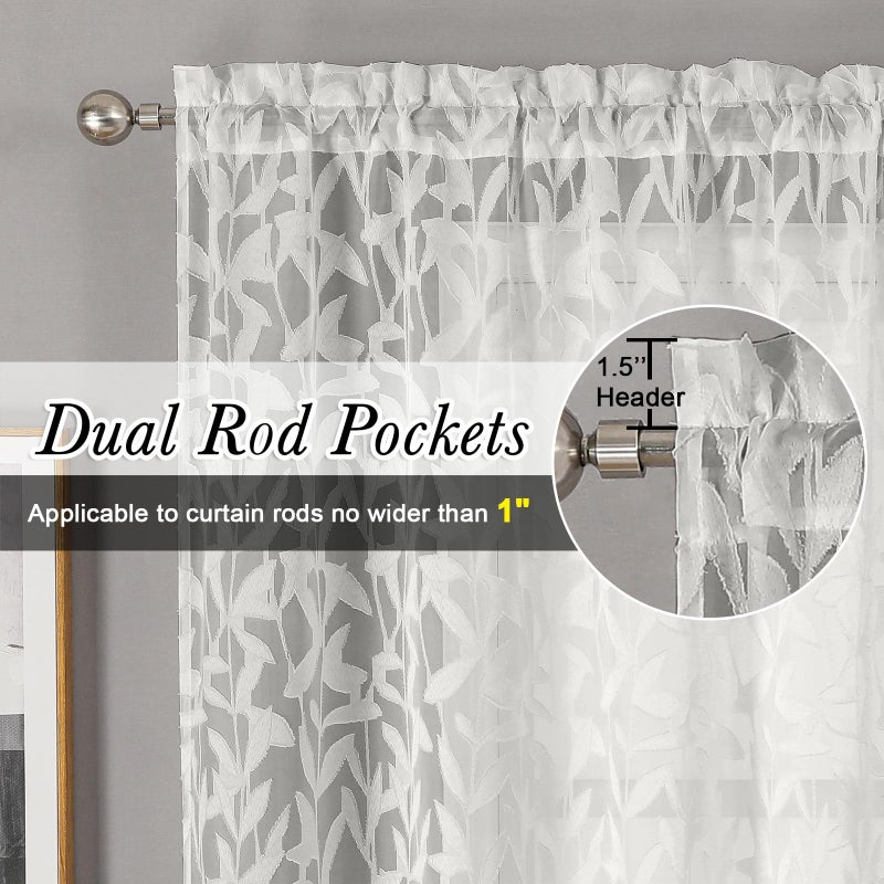 Lecloud Leia Ivory Sheer Curtains 45 Inch Length 2 Panels, Elegant Balance Light & Privacy Jacquard Textured Leaf Voile Curtains, Dual Rod Pockets Drapes for Bedroom Living Room, Each 28" W x 45" L - Image 5