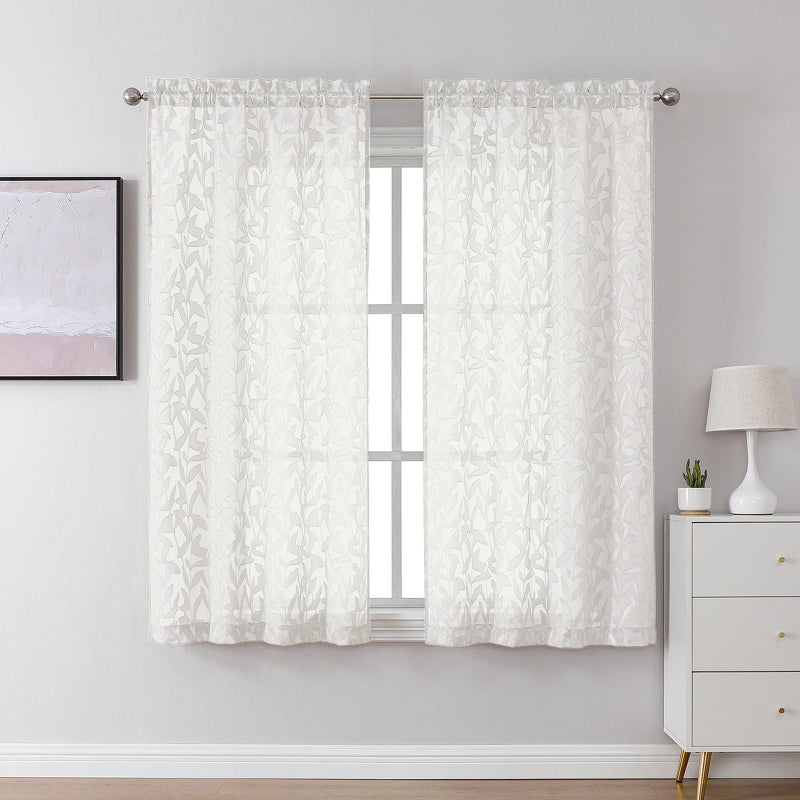 Lecloud Leia Ivory Sheer Curtains 45 Inch Length 2 Panels, Elegant Balance Light & Privacy Jacquard Textured Leaf Voile Curtains, Dual Rod Pockets Drapes for Bedroom Living Room, Each 28" W x 45" L - Image 1