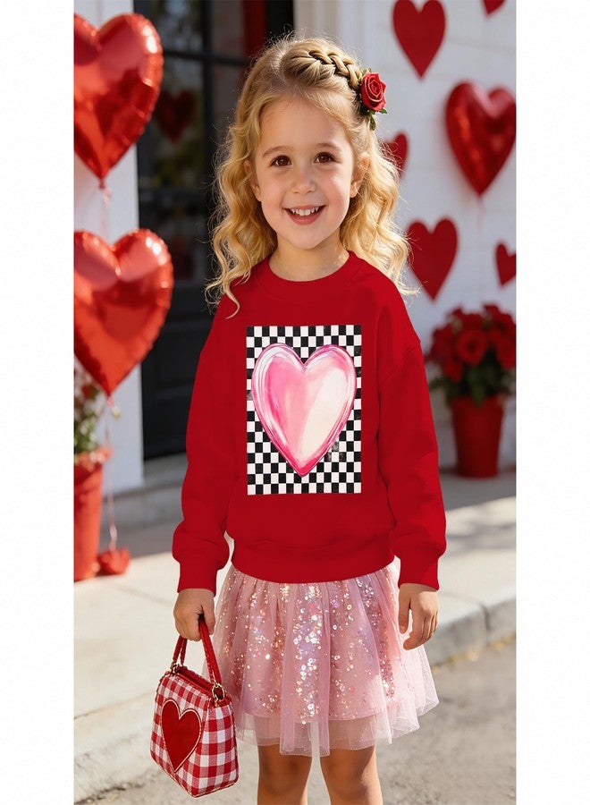 KEKEMI Toddler Girl Valentines Day Sweatshirt Checkered Heart Graphic Shirt Long Sleeve Holiday Outfit Crew Neck Pullover Top(Red,5-6T) - Image 3