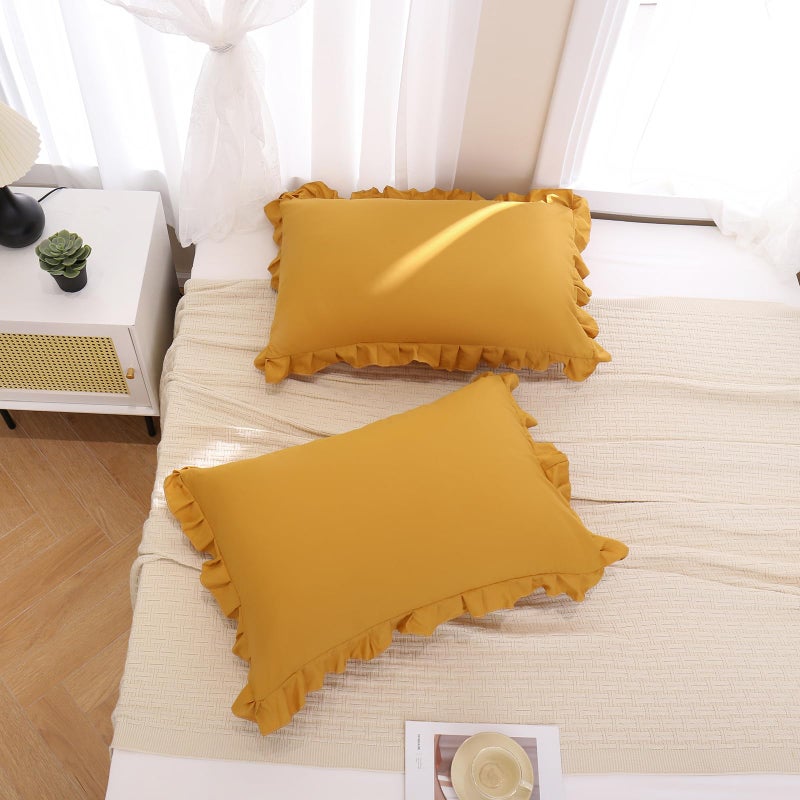 Merryword Mustard Yellow Pillowcases Standard Pillowcases Set of 2 Ruffle Pillow Shams Cute Pillow Covers Solid Ruffled Fringe Design Yellow Shabby Chic Pillowcases 2 Pack - Image 5