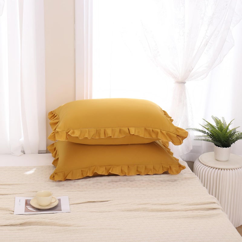 Merryword Mustard Yellow Pillowcases Standard Pillowcases Set of 2 Ruffle Pillow Shams Cute Pillow Covers Solid Ruffled Fringe Design Yellow Shabby Chic Pillowcases 2 Pack - Image 2