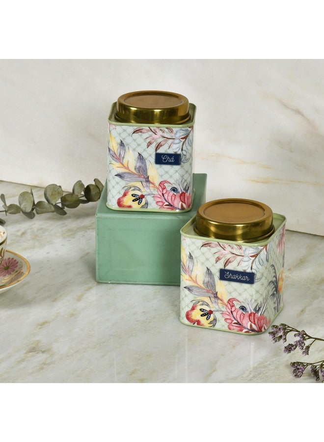Elan Stainless Steel Canister Jar | Container set for Tea Coffee and Sugar Storage Box Dabba Container 500 ML For Home and Kitchen Air Tight Pantry Organizers Containers (Set of 2, Printed Fern Green) - Image 1
