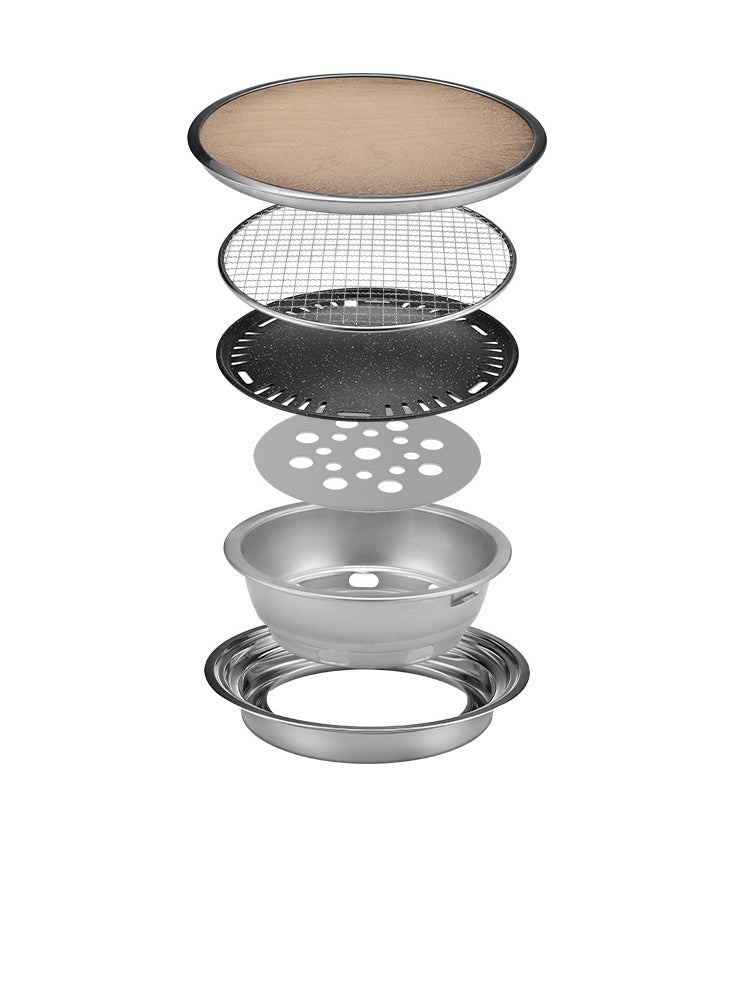 porodo - Multi-Purpose Camping Round Table with Grill Pan & Gril Net/ MDF Board / Birch Wood / Stainless Steel Material / 50kg Weight Capacity- Brown - Image 1