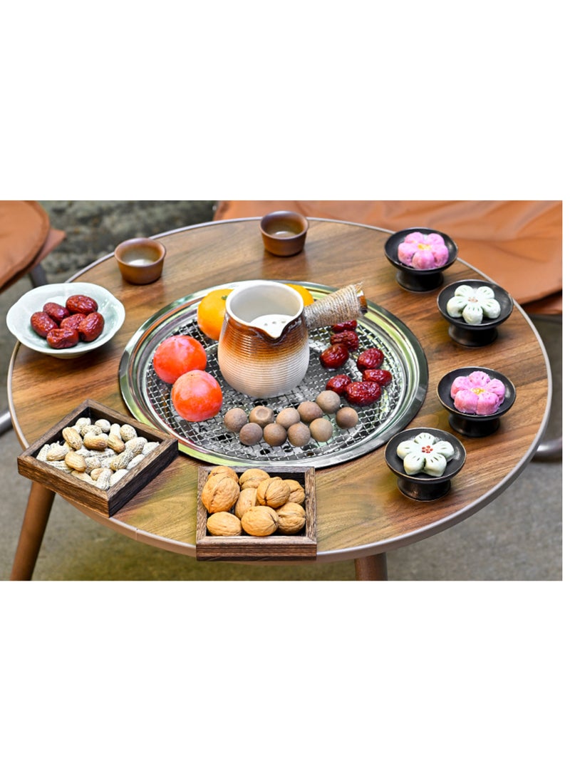 porodo - Multi-Purpose Camping Round Table with Grill Pan & Gril Net/ MDF Board / Birch Wood / Stainless Steel Material / 50kg Weight Capacity- Brown - Image 1