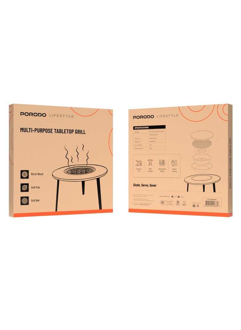 porodo - Multi-Purpose Camping Round Table with Grill Pan & Gril Net/ MDF Board / Birch Wood / Stainless Steel Material / 50kg Weight Capacity- Brown - Image 1
