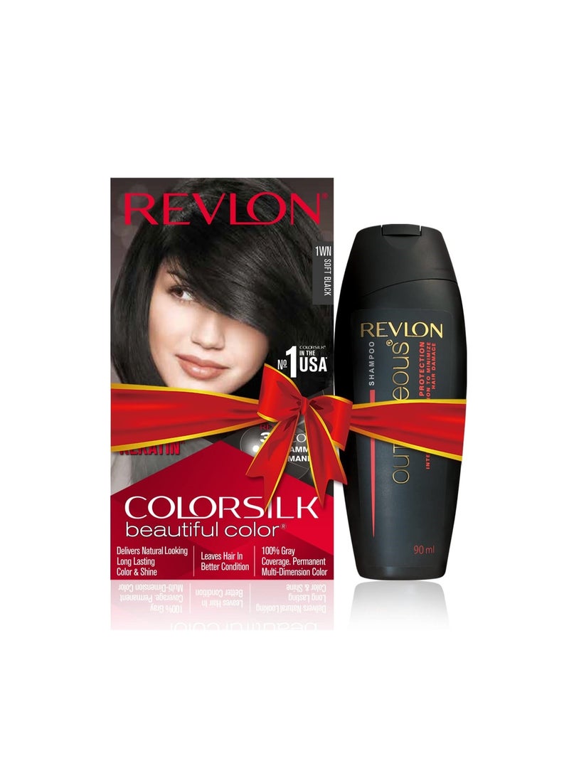 REVLON ColorSilk Hair Color with Keratin - 1WN Soft Black - (with Outrageous Shampoo 90 ml) - Image 1