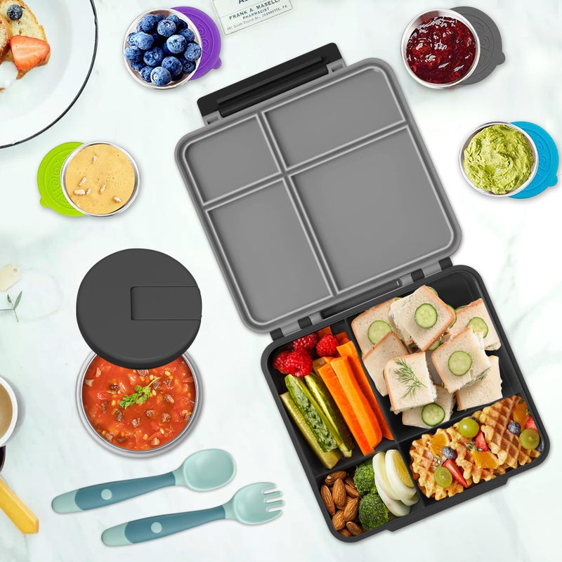 Aimsnk Kids Bento Lunch Box with 8oz Soup Thermo, Kids Leakproof Lunch Food Containers with 4 Compartment,Insulated Hot Food Jar with Lunch Bag for School, Travel (Black) - Image 2