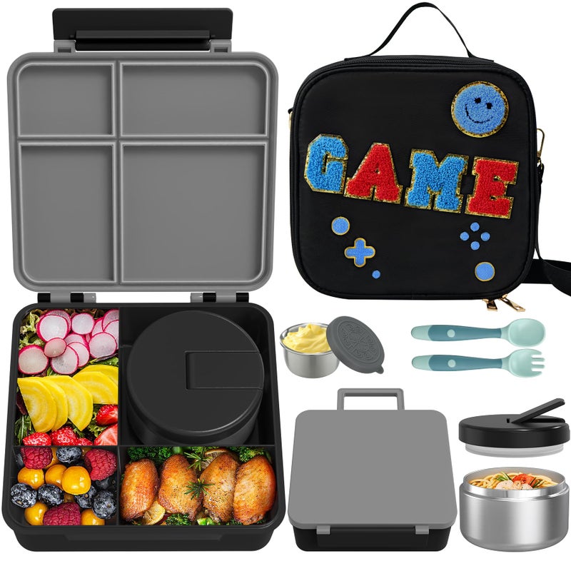 Aimsnk Kids Bento Lunch Box with 8oz Soup Thermo, Kids Leakproof Lunch Food Containers with 4 Compartment,Insulated Hot Food Jar with Lunch Bag for School, Travel (Black) - Image 1