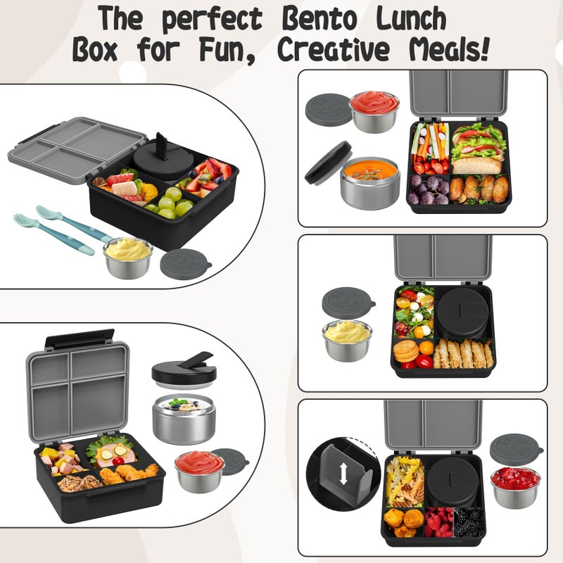 Aimsnk Kids Bento Lunch Box with 8oz Soup Thermo, Kids Leakproof Lunch Food Containers with 4 Compartment,Insulated Hot Food Jar with Lunch Bag for School, Travel (Black) - Image 4