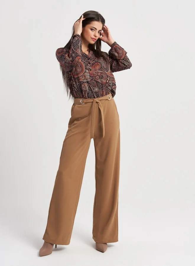 HaILYS Elegant Wide-Leg Camel Trousers with Tie-Waist Detail for Women
