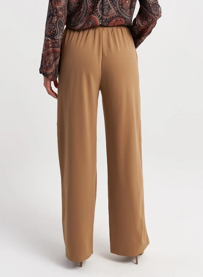 HaILYS Elegant Wide-Leg Camel Trousers with Tie-Waist Detail for Women