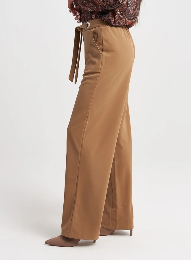 HaILYS Elegant Wide-Leg Camel Trousers with Tie-Waist Detail for Women