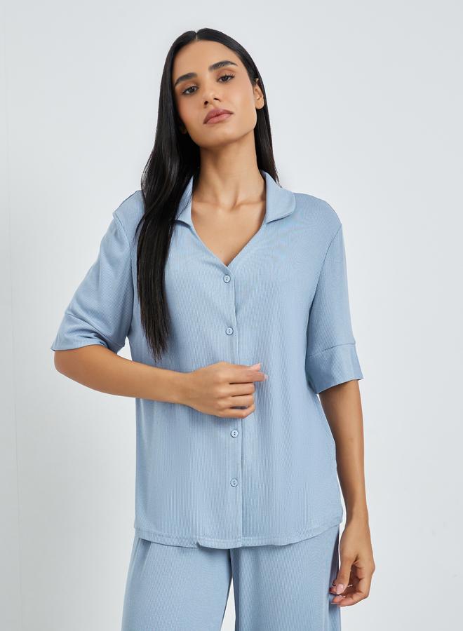 Styli Blue Viscose Ribbed Buttoned Shirt and Pyjama Set - Image 3