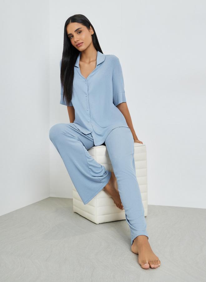 Styli Blue Viscose Ribbed Buttoned Shirt and Pyjama Set - Image 1