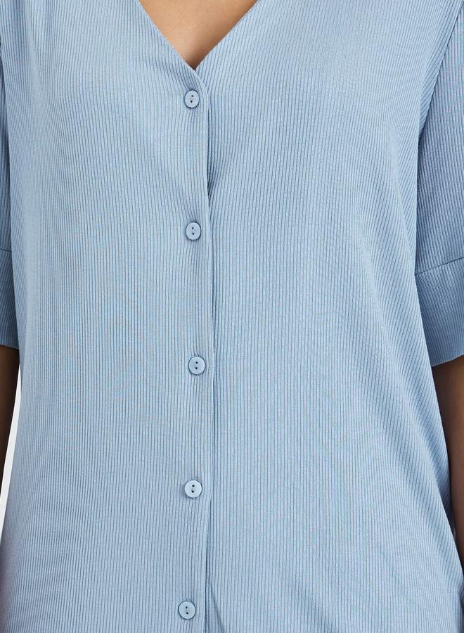 Styli Blue Viscose Ribbed Buttoned Shirt and Pyjama Set - Image 4