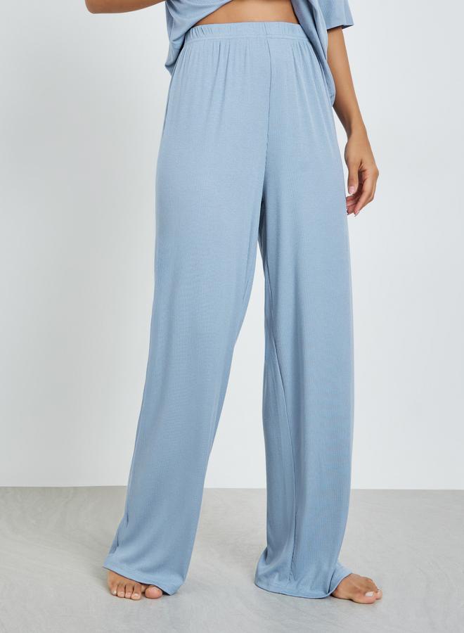 Styli Blue Viscose Ribbed Buttoned Shirt and Pyjama Set - Image 5