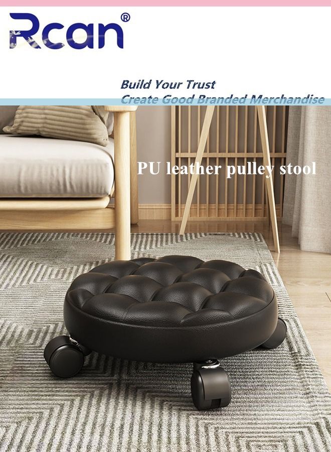 Rcan PU Leather Pulley Stool Waterproof and Breathable Low Roller Movable Stool Universal Wheel Thickened Swivel Can Be Rotated 360° Suitable for Living Room Kitchen Bedroom Shoe Changing Stool - Image 1